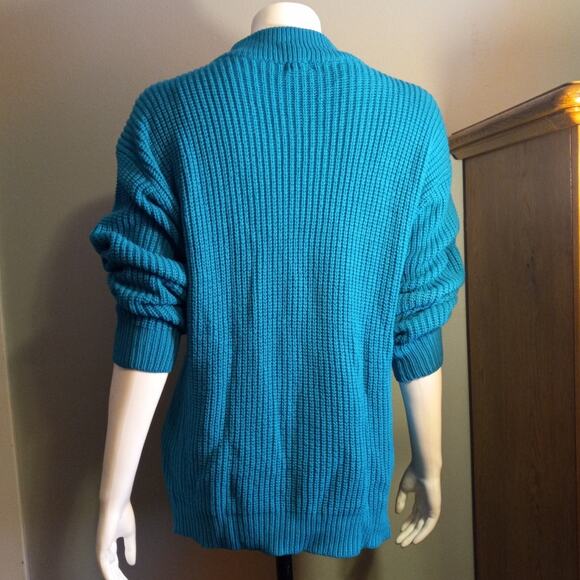 Vntg 80s Turquoise Emerald Green Chunky Knit Sweater Cozy Core Dopamine Dressing - Picture 5 of 10